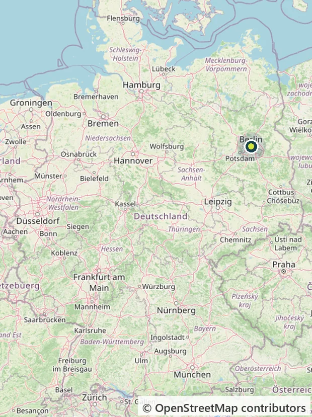 Map of Germany with a marker on Berlin, where Pointly is based. Map data and cartography from OpenStreetMap contributors.
